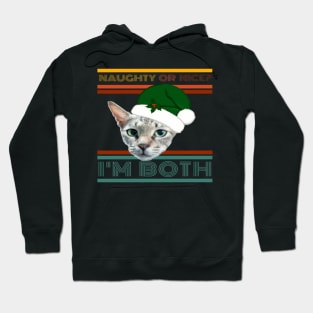 Naughty Or Nice? I'm Both Funny Retro Text Design with Cat in Green Santa Hat with Holly Hoodie